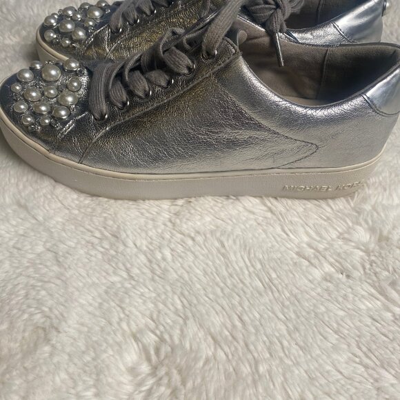 Michael Kors Silver PEARL Stud Sneakers - Picture 3 of 10
